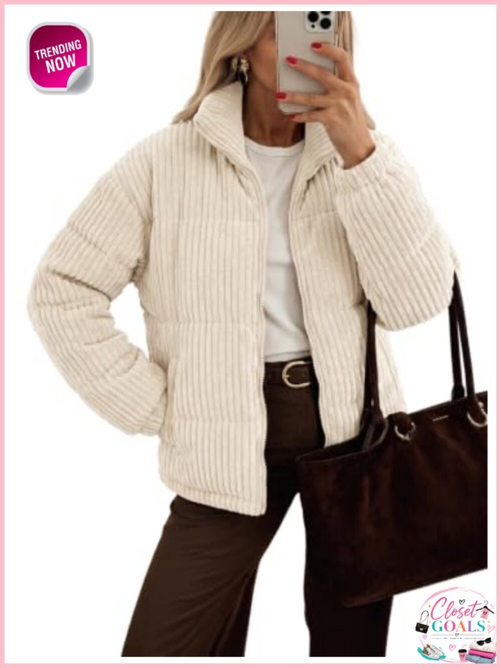 Women's Cropped Quilted Jacket Zip Up Corduroy Stand Collar Winter Coat